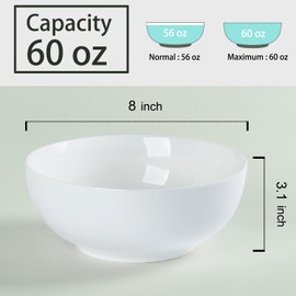 Yuanlity 60 oz Large Soup, Ramen, Pho, Noodle, and Salad Bowl Set of 3, 8 in White Ceramic Bowls, Versatile & Microwave Safe