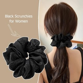 TUCEWP 2Pcs Scrunchies for Women Girls Large Black Scrunchies for Long Thick Curly Hair Bandana Scrunchie Soft Satin Hair Bands Neutral Ponytail Holders No Damage Elastic Hair Ties Hair Accessories