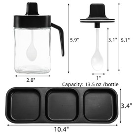 Mezchi Set of 3 Condiment Jar with Tray, 13.5 OZ Spice Container with Lids and Spoons, Glass Condiment Salt and Sugar Container Sets, Kitchen Seasoning Box for Salt Pepper Sugar Storage, Black