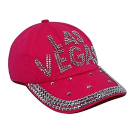 Popfizzy Bling Las Vegas Hat for Women Rhinestone Hat, Bedazzled Baseball Caps, Distressed Hat, Fancy Bejeweled Hats, Sparkle Studded Denim Ball Caps (Las Vegas (Pink))