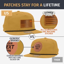 American Flag Hats for Men, Leather Patch Hats | USA Flag Hat, Trucker Hat Gifts for Dad | Richardson 256 Rope Hats, Laser Engraved, Machine-Stitched, Snapback, Adjustable (Yellow)