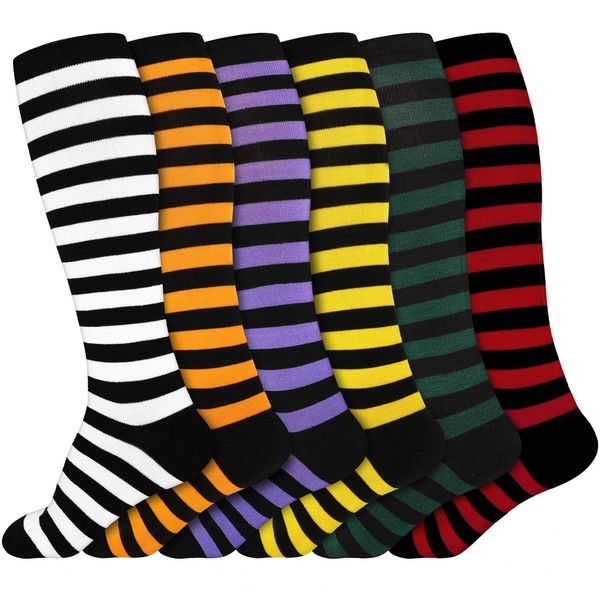 SATINIOR 6 Pairs Halloween Striped Socks Over Knee Socks High Stripe Stocking for Women Girls, 6 Colors