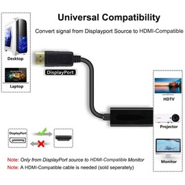 DP to HDMI Adapter, 25 cm, 4K 120Hz, 2K@144Hz, 1080P@240Hz, Unidirectional DP to HDMI Monitor, DP 1.4 Male to HDMI 2.1 Female Compatible with HP, Monitor, Projector, Laptop, and More