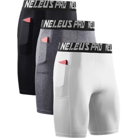 NELEUS Men's 3 Pack Compression Shorts with Pockets Dry Fit Yoga Running Shorts,6063,Black/Grey/White,US XL,EU 2XL