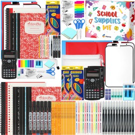 Gilprop 2 Sets School Supply Kit 97 Pcs Per Set Back to School Essentials Bundle Pencils Scissors Glue Highlighter Marker Pen Notebook Eraser Sharpener Calculator Stapler for Middle High Students