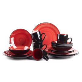 HomeVss Sonoma 16 Piece Stoneware Dinner Set Red, Outside Black + Inside Handpainted Color Red with speckle