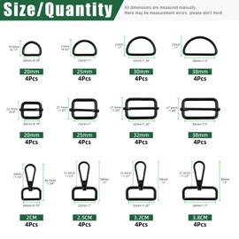 Keadic 48 Pcs 4 Size D Ring Swivel Lobster Clasp & Rings Rectangle Adjuster Triglides Slides Buckle & D Ring Semi-Circular, for DIY Crafts Keychain Lanyard/Jewelry Making/Purse Bag Making (Black)