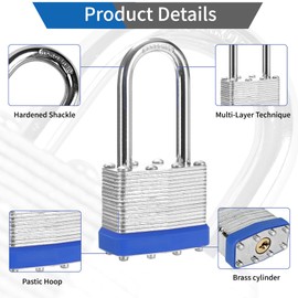 HZSY Laminated Steel Keyed Padlock (1-9/16", 40mm)，Keyed Alike Locks，Packed of 12，Long Shackle Padlocks，Blue Plastic Hoops，for Toolbox，Locker & StorageUnit or More