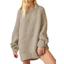 UNCLECAT Women's Oversized Sweaters Trendy Fuzzy Knit Sweater Tops Long Sleeve Crewneck Casual Pullover Khaki