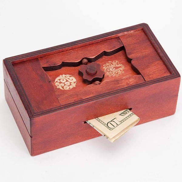 Bits and Pieces - Japanese Secret Puzzle Box - Camouflage Your Cash Money Holder - Brain Teaser - Wooden Secret Compartment Brain Game