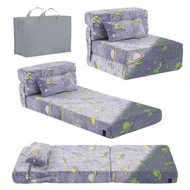 Tiita Folding Sofa Bed Floor Mattress for Kids, Glow Tri Folding Mattress Kid Fold Up Sofa Futon Folding Chair Bed, Child Foldable Mattress Floor Bed Folding Couch for Playroom, Blue Astronauts
