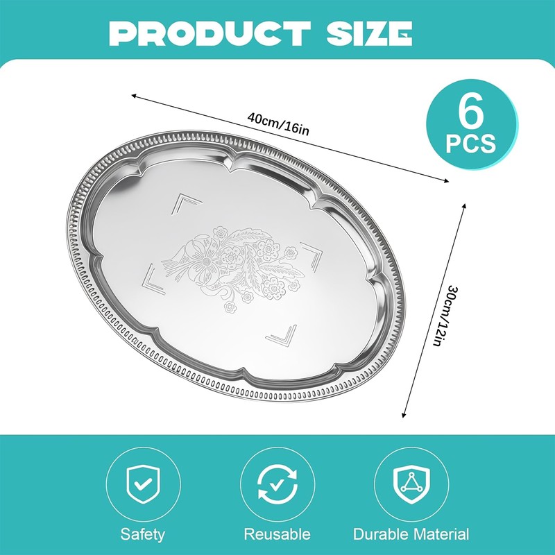 6-Pack Large Silver Serving Trays (16" x 12") – Oval