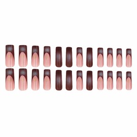 MISUD Press on Nails Long Square Fake Nails Glossy Glue on Nails Fall Brown Ombre Acrylic Nails Squoval Artificial Nails Autumn French Tip Stick on False Nails with Design 24 pcs