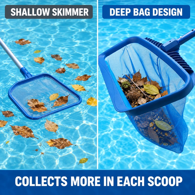Pool Leaf Rake with Deep Mesh Bag, Heavy-Duty Pool Skimmer