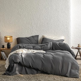 Sedefen Double Muslin Bed Linen, 135 x 200 cm, Cotton, Dark Grey Bed Linen Sets, Anthracite, Oeko-Tex Bed Linen with Zip, Duvet Cover with 1 Pillowcase 80 x 80 cm