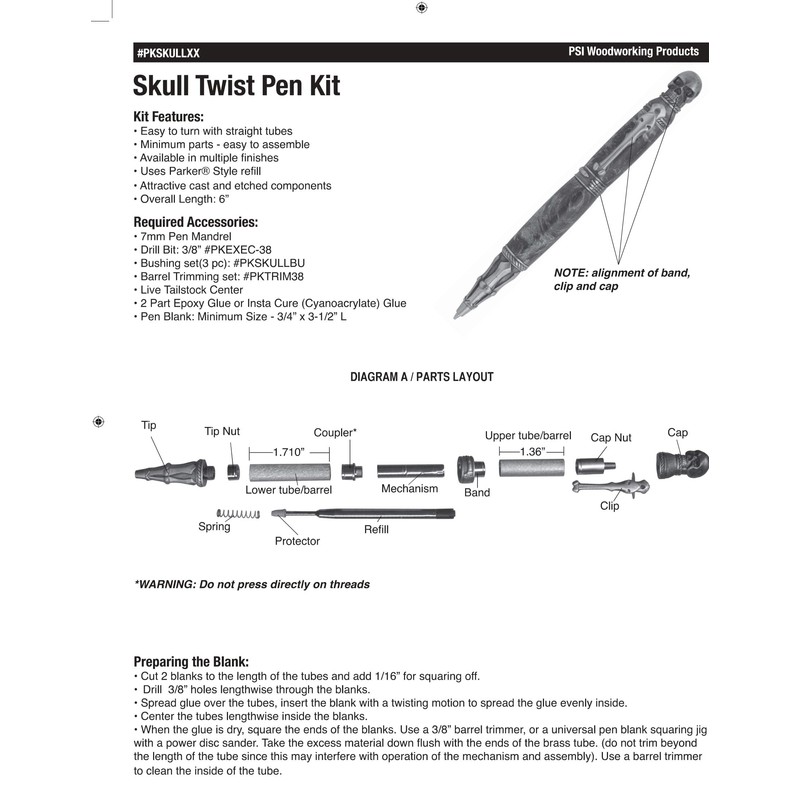 Skull Twist Ballpoint Pen Kit Starter Package Woodturning Project by