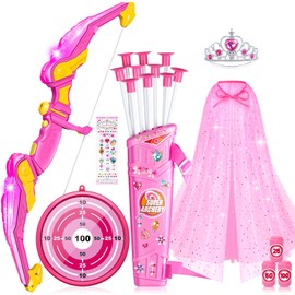DUDUCOFU Kids Bow and Arrow Set Toys for Girls, LED Light Up Archery Bow Set with Princess Cape and Crown, 10 Suction Cup Arrows, Indoor and Outdoor Play Birthday Gift Toy for Kids Boys Girls