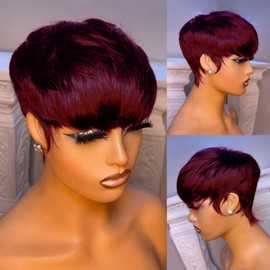 FREEKWEEN Peluca Corta Bob Para Mujeres Negras, Cabello Humano Virgen Brasileño, Corte Pixie, Color Rojo Borgoña, Estilo Corto, Hecha A Máquina Con Flequillo, Densidad Del 150%, Sin Encaje Frontal, 9