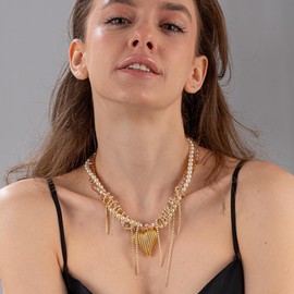 Enjinkail Gold Layered Necklaces for Women, Gold Heart Necklaces for Women with Diamond, Champagne Gold Crystal Necklace with Pearls, Gold Crystal Jewelry for Women Gifts