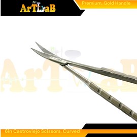 Castroviejo Scissors Micro with Curved Sharp Tips, 6in, Gold Handle Leaf Spring Style - Premium - German Stainless Steel - Autoclave Safe, Multi-Purpose Scissors