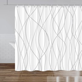 Punkray Grey and White Striped Polyester Shower Curtain for Bathroom with Hooks, Shower Curtains for Bathroom Decor, Waterproof Bath Accessories Hotel Style - Machine Washable 96 x 72