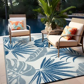 Rugshop Tropical Floral Leaf Reversible Crease-Free Waterproof Premium Recycled Plastic Outdoor Rugs for Patio,Backyard,RV,Deck,Picnic,Trailer,Beach,Camping,Sunroom Navy/Blue 5' x 7'