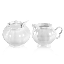 Pearl Glaze Sugar and Milk Jug Set, 1 Sugar Bowl with Lid (9 oz), 1 Milk Jug (237 ml) and 1 Cute Spoon, Gift Choice & Home Decor, Elegant Design, White