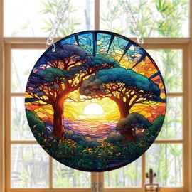 WOHAHA Forest Trees Sunset Stained Acrylic Window Hanging Panels Indoor Outdoor Round Windows Hanger Kitchen Bedroom Garden Wall Art Decor Gifts for Women Mom Grandma Teacher