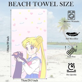 CWXCYVR Sailor Moon Beach Towels Microfibre Towels Beach Towel Thin Portable Sauna Towel Bath Towel Quick Drying Beach Towel Camping Travel Towel Soft for Travel Beach Swimming