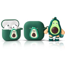 Silicone Case for AirPods 4 Earbuds (2024), XMBYGY Charging Shockproof Protective Headphones Cover with Cartoon Doll Anti-Lost Lanyard for Man Woman Teen (Avocado)