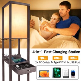 OUTON Deluxe Shelf Floor Lamp with 1 Drawer, 2 USB-C Ports, 2 AC Outlets, LED Modern Floor Lamp with 3 Color Temperature, Storage Display Wood Standing Lamp for Living Room, Bedroom, Office (Walnut)
