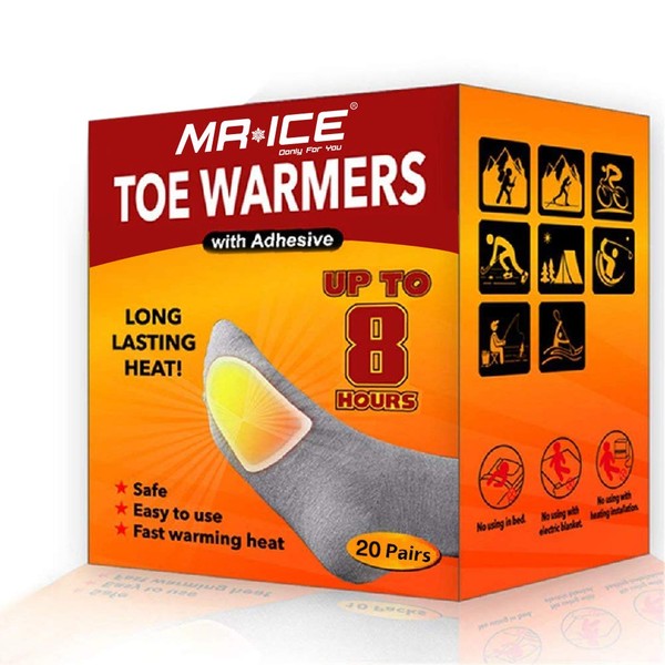 MR.ICE Toe Warmers Heating Pad with Adhesive Backing - Boot Heat Packs - Long Lasting Safe Natural Odorless Air Activated Warmers - Up to 8 Hours of Heat - 20 Pairs Value Packs