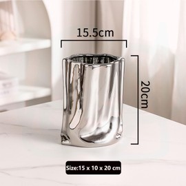 YIRANJIA Silver Ceramic Centerpiece | 16x10x20cm Minimalist Abstract for Living Room, Table Centrepiece Vase for Living Room, Bedroom, Dining Room, Wedding, Party