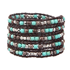 KELITCH Bracelet Men Women Blue Turquoise and Crystal Pearl 5 Wrap Leather Bracelet, Crystal turquoise, Agate
