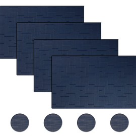 BECHEN Vinyl Placemats and Coasters,Washable Table Mats Easy to Clean Woven Placemats for Dining Table Set of 4(Navy Blue)