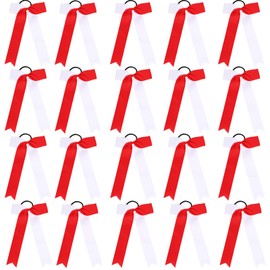 Hipcheer 20pcs Collegiate Style Cheer Bows for Girls, Long Tail Skinny Cheer Bow Ponytail Holder Handmade Bows for Girls Teens Softball Cheerleader Sports (Red White)
