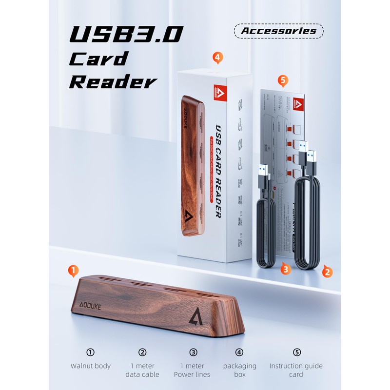 AODUKE 8-Port USB 3.0 SD Card Reader, Walnut Wood Design