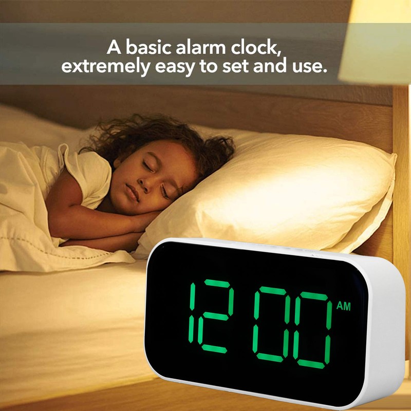 LED Digital Alarm Clock Brightness Adjustable 12/24Hr White Shell Green