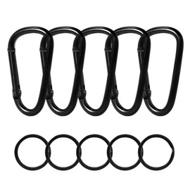 Ahysuet Pack of 5 Carabiner Hooks Black + 5 Pieces Key Ring Round Carabiner Black Set Hook D-Clip for Camping Excursions Hiking Travel Indoor Outdoor Use etc