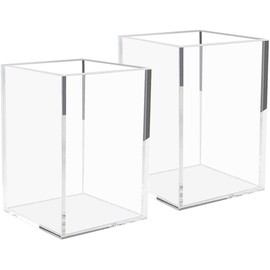 HIIMIEI Acrylic Pen Holder, 2 pcs Clear Pen Pot for Pen Marker Ruler Eraser, Makeup Brush Holder Cosmetic Organizer 3''x3''x4.4''