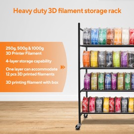3D Printer Filament Storage Rack, 4-Layer Heavy Duty Filament Rack with wheels, 48 pcs 1kg PLA/ABS/TPU filament spool holder, 3D Printer Filaments Organzied for Studio