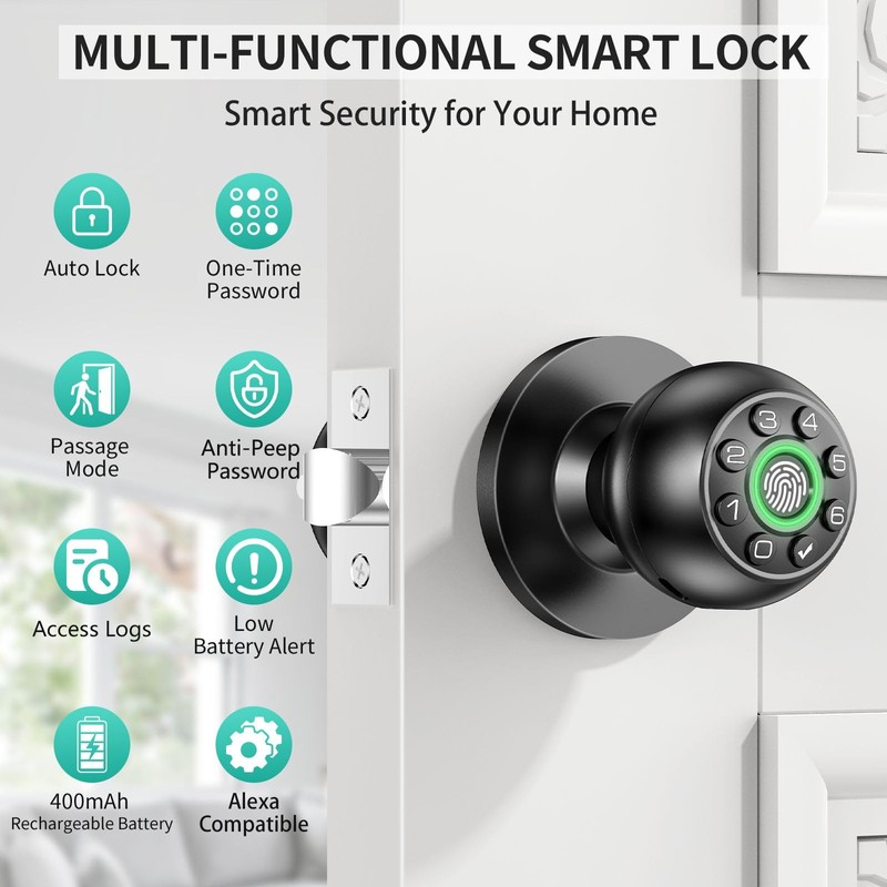 Fingerprint Door Lock Biometric Keypad Smart Door Knob | Bedroom