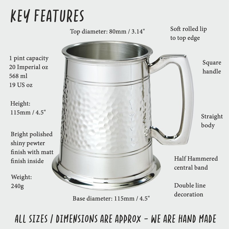 Wentworth Pewter - Half Hammered 1 Pint Pewter Tankard (Hammered