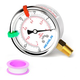 MEANLIN MEASURE -30inHG~0Psi Vacuum Pressure Gauge 1/4" NPT 2.5" FACE DIAL, Stainless Steel Liquid Filled Pressure Gauge WOG Water Oil Air Lower Mount(with 2PCS Snaps)