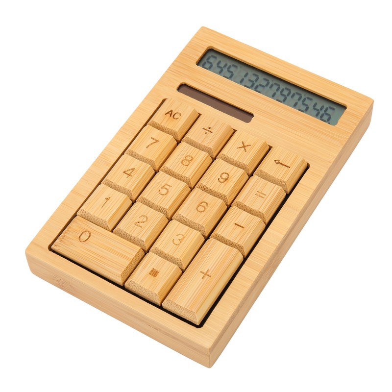 Wooden Calculator Solar Battery Powered 18 Keys Large LCD Display