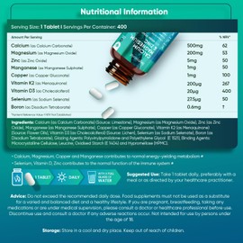 Calcium Magnesium Zinc with Vitamin D3 & K2 – Bone, Teeth & Muscle Support – 400 Vegan Tablets | 1+ Year Supply | High Absorption Formula with Selenium & Zinc – 1414mg per 2 Tablets