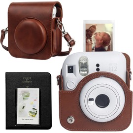 CAIYOULE Funda protectora para cmara Instax Mini 12 instantnea Fuji Mini 12, bolsa de transporte de piel sinttica con correa ajustable para el hombro y lbum de fotos de 64 bolsillos, color caf