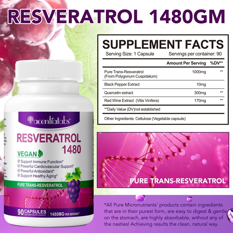 Resveratrol Supplement | Pure Trans-Resveratrol | 1480mg Per Serving |