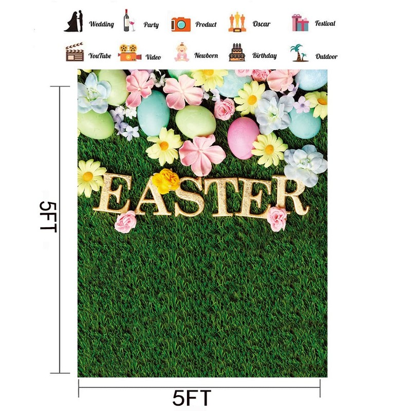 CHAIYA 5X7FT Happy Easter Backdrop Spring Green Grass Photography Background