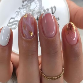 24Pcs CEWEWP Pink White Press on Nails Short French Tip Fake Nails with Gold Foil Glitter Design Press on Nails Acrylic Nails Oval False Nails for Women Stick on Nails Tip with Glue